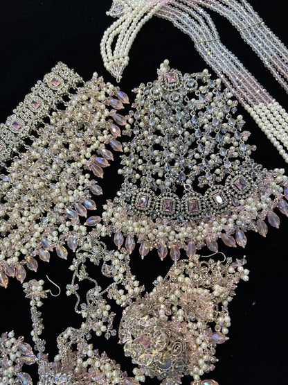 NISA - 5 Pieces set | Heavy Bridal set Inlcudes: Mala, Choker, Jhumar, Jhumke & Tikka | Baby pink on silver base