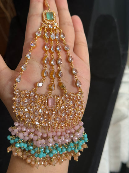 NIDA - Heavy bridal set | includes: necklace, choker, jhumar, earrings, tikka and a hand piece (light pink light blue)