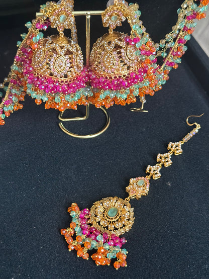 MAHROSH - Mehndi Bridal set includes: Necklace, Oversized Jhumar, Sahara Jhumke & Tikka | Customisation available