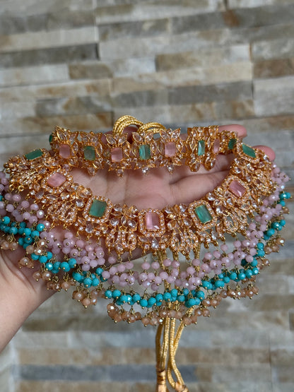 NIDA - Heavy bridal set | includes: necklace, choker, jhumar, earrings, tikka and a hand piece (light pink light blue)