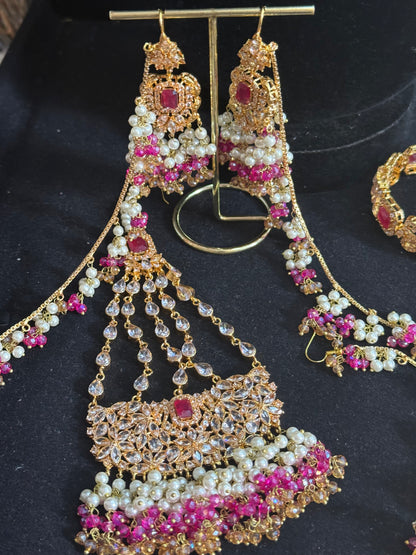 NIDA - Heavy bridal set | includes: necklace, choker, jhumar, earrings, tikka and a hand piece (HOT PINK)