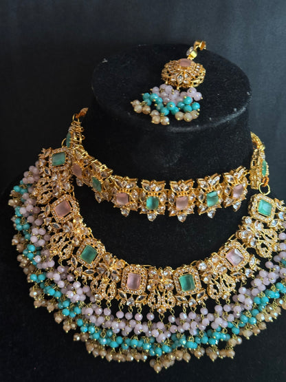 NIDA - Heavy bridal set | includes: necklace, choker, jhumar, earrings, tikka and a hand piece (light pink light blue)