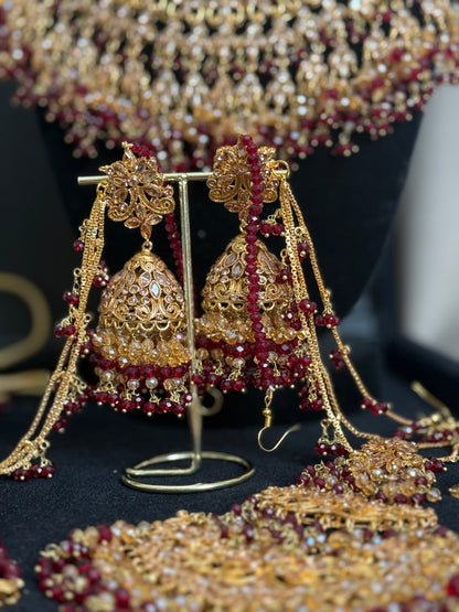 SANWAL - 6 Pieces set | includes: Mala, Necklace, Jhumar, Jhumke, Tikka & Nose ring | available in Maroon Gold colour