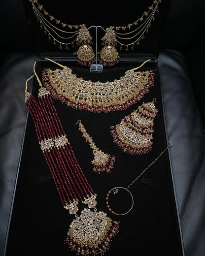 SANWAL - 6 Pieces set | includes: Mala, Necklace, Jhumar, Jhumke, Tikka & Nose ring | available in Maroon Gold colour