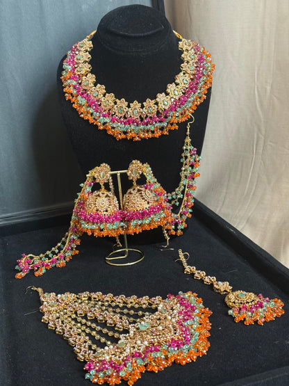 MAHROSH - Mehndi Bridal set includes: Necklace, Oversized Jhumar, Sahara Jhumke & Tikka | Customisation available
