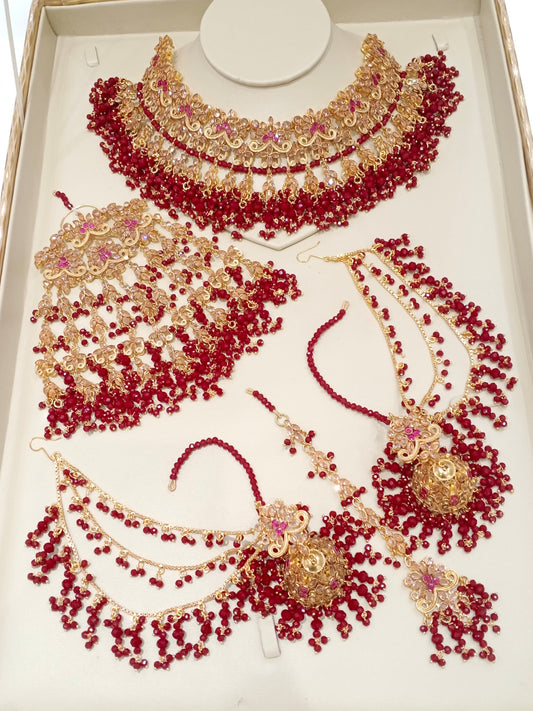NUR - Heavy Bridal set includes: Necklace, Jhumar, Jhumke & Tikka | available in 3 Colours