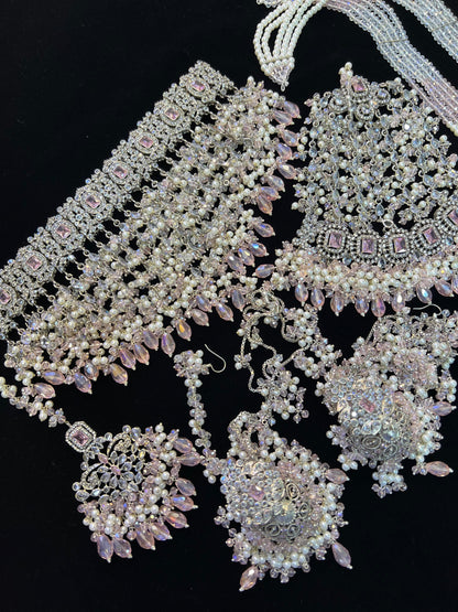 NISA - 5 Pieces set | Heavy Bridal set Inlcudes: Mala, Choker, Jhumar, Jhumke & Tikka | Baby pink on silver base