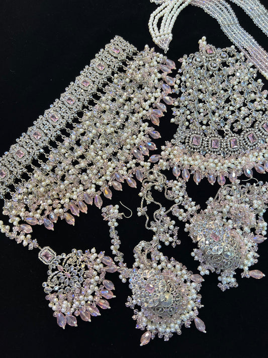 NISA - 5 Pieces set | Heavy Bridal set Inlcudes: Mala, Choker, Jhumar, Jhumke & Tikka | Baby pink on silver base