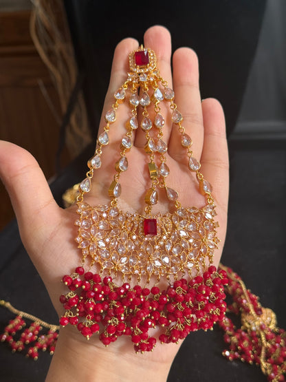 NIDA - Heavy bridal set includes: necklace, choker, jhumar, earrings, tikka and a hand piece (RED)