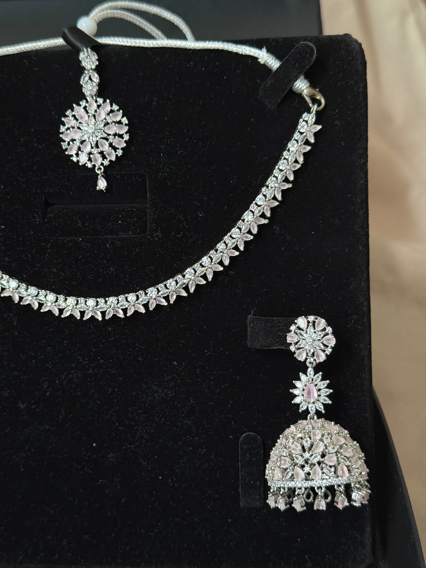 Baby pink AD necklace set with jhumke and tikka