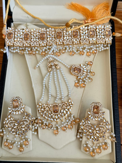Ruksar - 4 pieces choker set with jhumar, earrings and tikka available in 9 colours