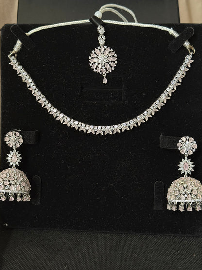 Baby pink AD necklace set with jhumke and tikka