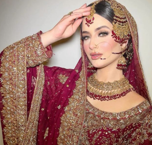 SAIYARA - Bridal set | includes Necklace with jhumar, jhumke, tikka and nose ring. Pakistani bridal jewellery