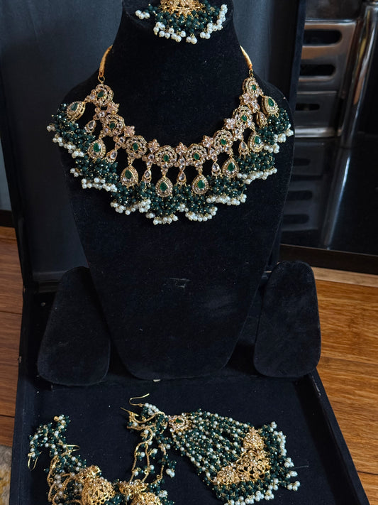 AHLAM - Bridal set | includes Necklace with jhumke, jhumar & Tikka | available in 4 colours