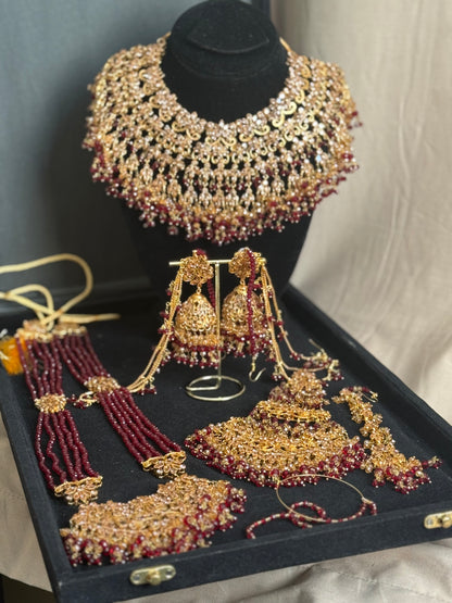 SANWAL - 6 Pieces set | includes: Mala, Necklace, Jhumar, Jhumke, Tikka & Nose ring | available in Maroon Gold colour