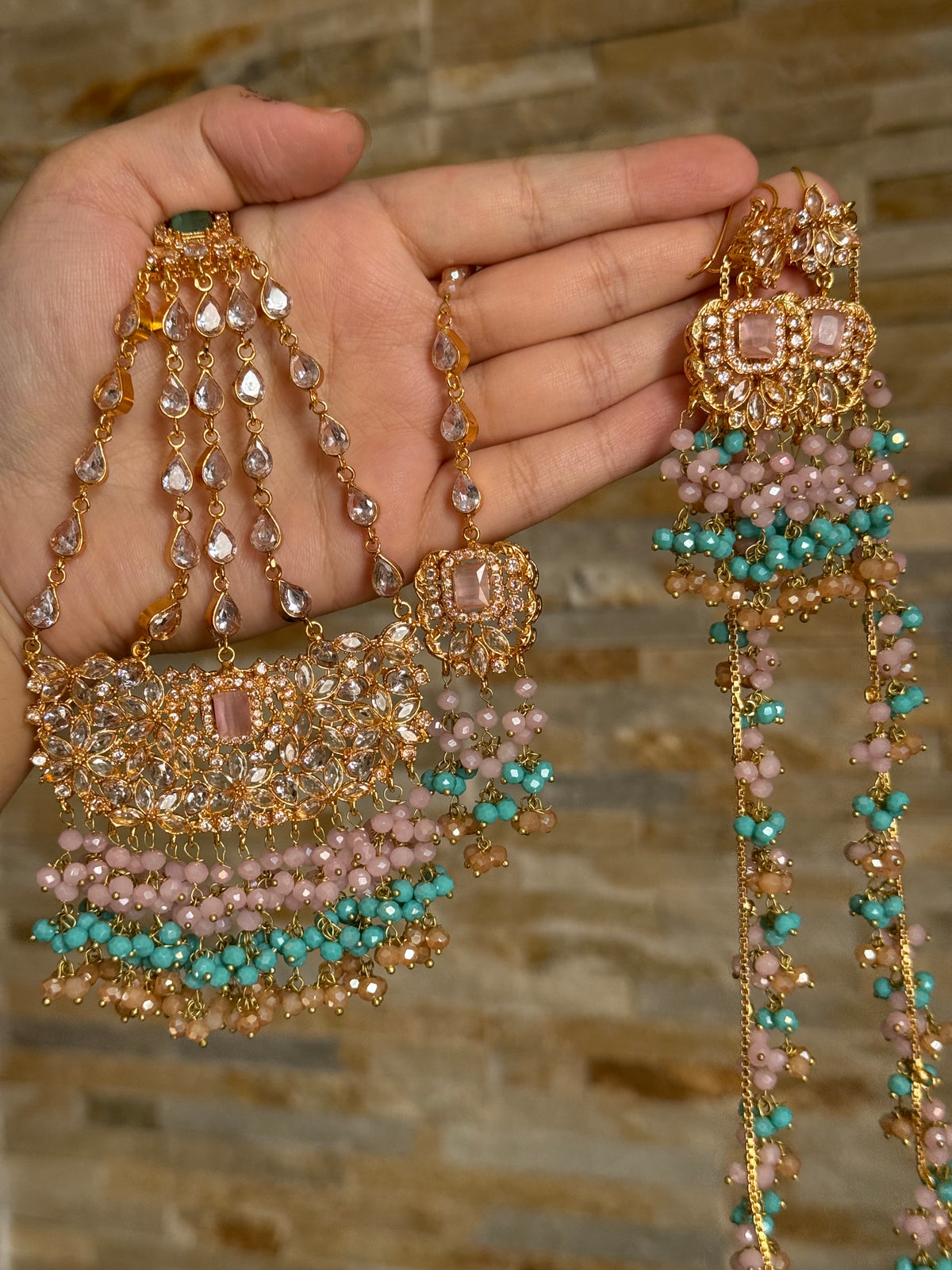 NIDA - Heavy bridal set | includes: necklace, choker, jhumar, earrings, tikka and a hand piece (light pink light blue)