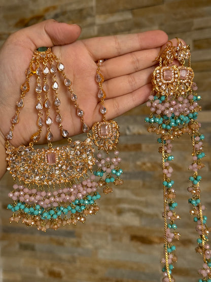 NIDA - Heavy bridal set | includes: necklace, choker, jhumar, earrings, tikka and a hand piece (light pink light blue)