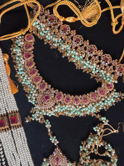 AMIRA - 6 pieces Bridal set | includes Mala, Necklace, Choker, Jhumar, Jhumke & Tikka | Colours available