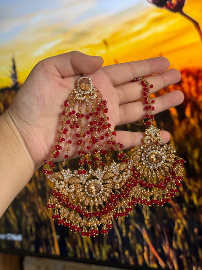 KAINAT - Gold plated Bridal set | includes: necklace, jhumar, jhumke, tikka and nose ring! Pakistani bridal s