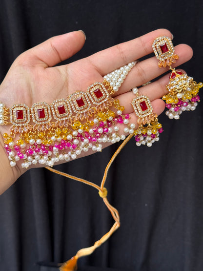 ALAYA - 30 colours available | Choker set with Jhumke and tikka