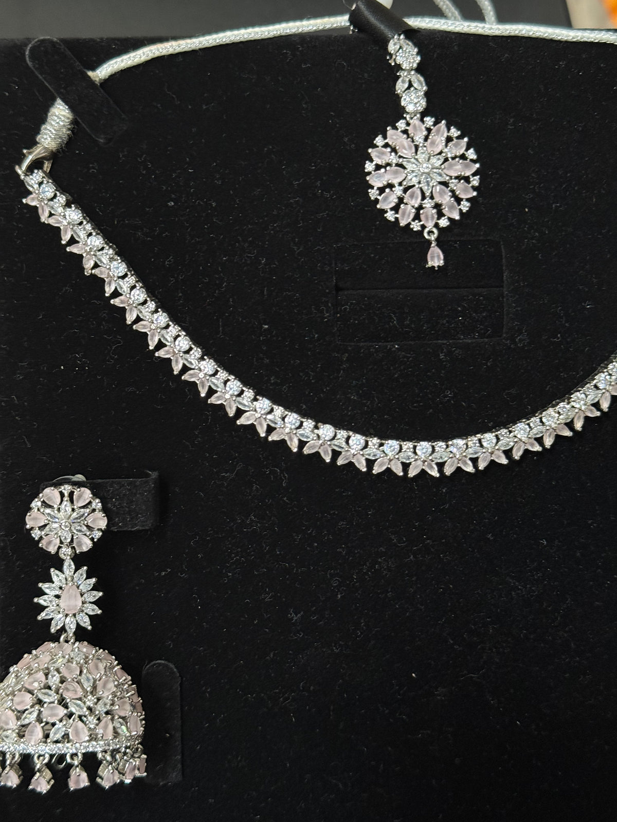 Baby pink AD necklace set with jhumke and tikka
