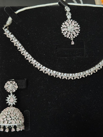Baby pink AD necklace set with jhumke and tikka