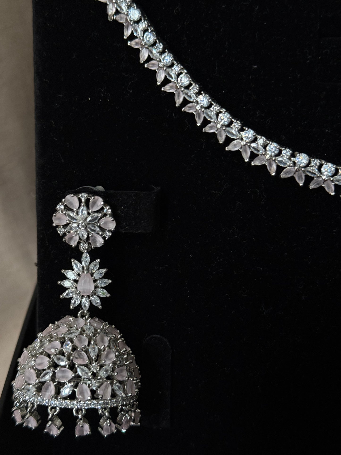 Baby pink AD necklace set with jhumke and tikka