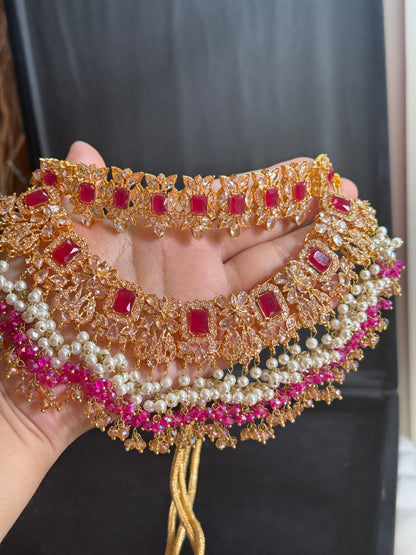 NIDA - Heavy bridal set | includes: necklace, choker, jhumar, earrings, tikka and a hand piece (HOT PINK)