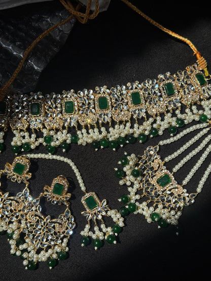 Ruksar - 4 pieces choker set with jhumar, earrings and tikka available in 9 colours