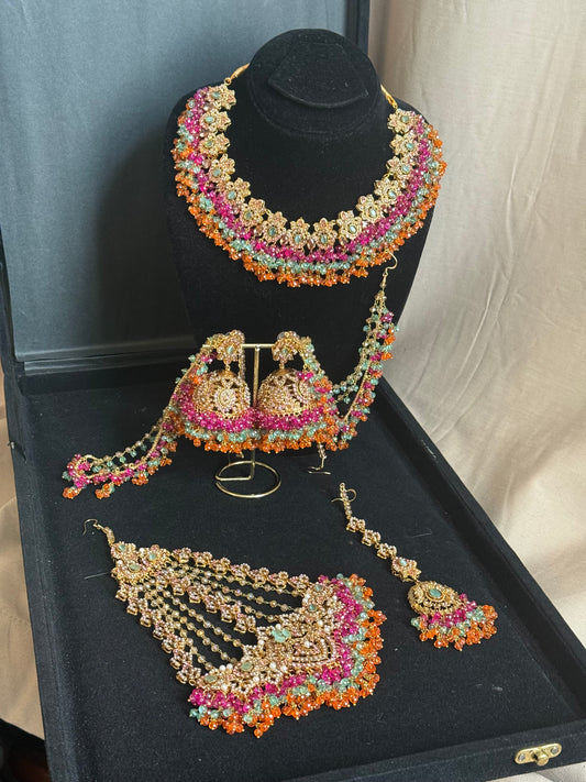 MAHROSH - Mehndi Bridal set includes: Necklace, Oversized Jhumar, Sahara Jhumke & Tikka | Customisation available