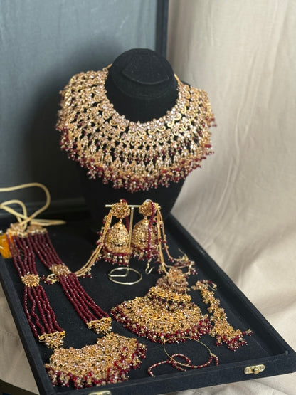 SANWAL - 6 Pieces set | includes: Mala, Necklace, Jhumar, Jhumke, Tikka & Nose ring | available in Maroon Gold colour