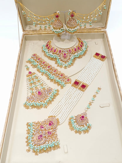 AMIRA - 6 pieces Bridal set | includes Mala, Necklace, Choker, Jhumar, Jhumke & Tikka | Colours available
