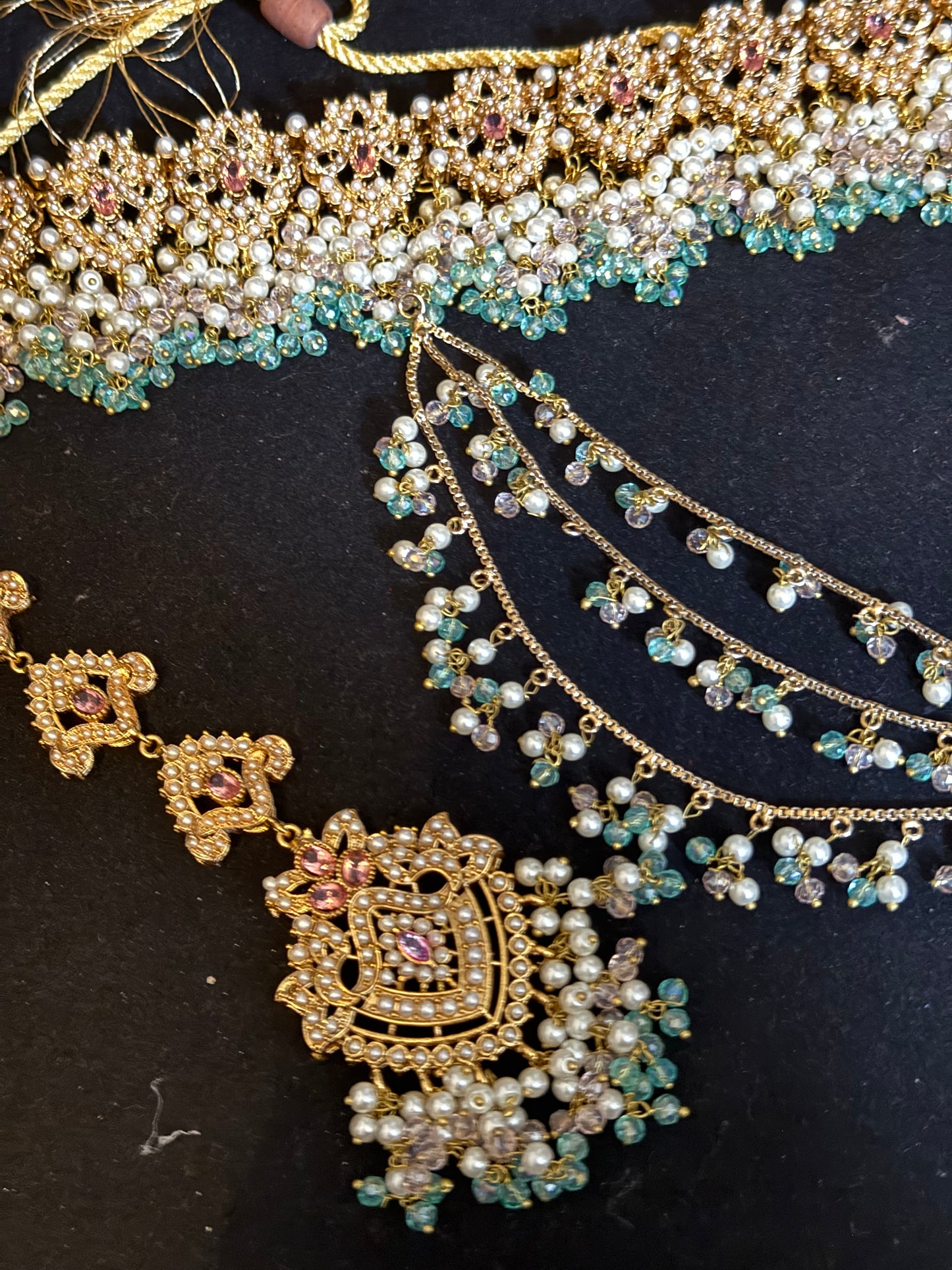 HAWA - Choker set with sahara earrings & tikka | mint baby pink combo