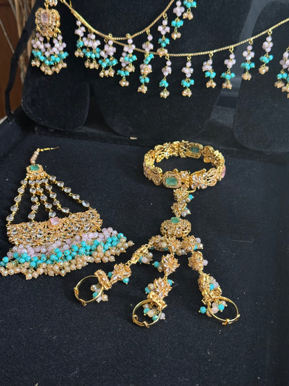 NIDA - Heavy bridal set | includes: necklace, choker, jhumar, earrings, tikka and a hand piece (light pink light blue)