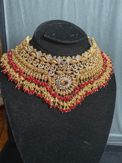 KAINAT - Gold plated Bridal set | includes: necklace, jhumar, jhumke, tikka and nose ring! Pakistani bridal s