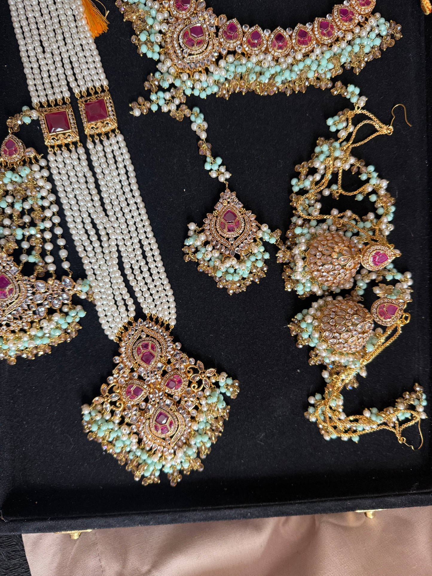 AMIRA - 6 pieces Bridal set | includes Mala, Necklace, Choker, Jhumar, Jhumke & Tikka | Colours available