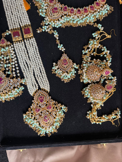 AMIRA - 6 pieces Bridal set | includes Mala, Necklace, Choker, Jhumar, Jhumke & Tikka | Colours available