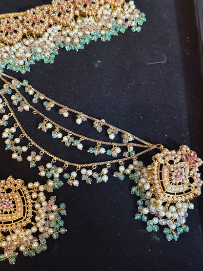 HAWA - Choker set with sahara earrings & tikka | mint baby pink combo