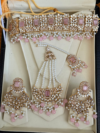 Ruksar - 4 pieces choker set with jhumar, earrings and tikka available in 9 colours
