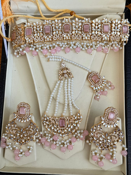 Ruksar - 4 pieces choker set with jhumar, earrings and tikka available in 9 colours