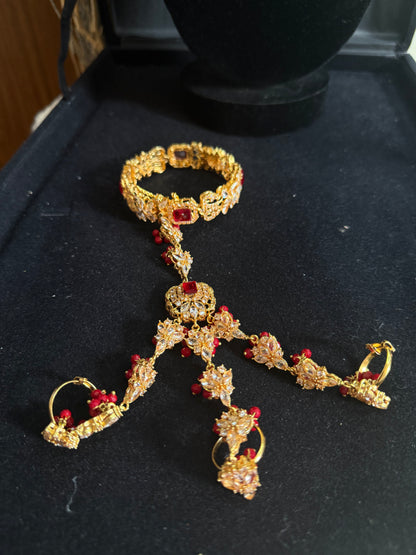 NIDA - Heavy bridal set includes: necklace, choker, jhumar, earrings, tikka and a hand piece (RED)