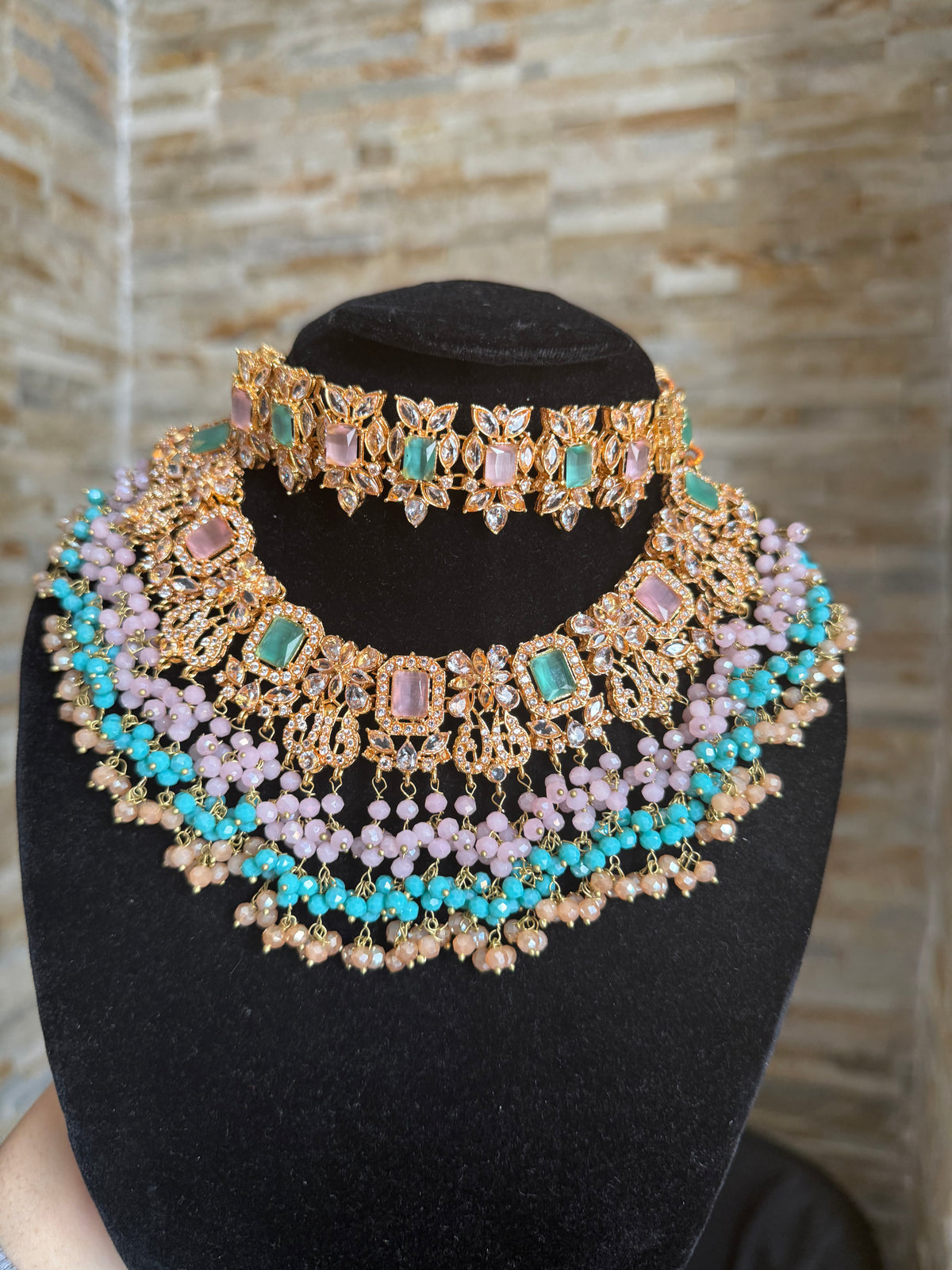 NIDA - Heavy bridal set | includes: necklace, choker, jhumar, earrings, tikka and a hand piece (light pink light blue)