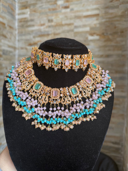 NIDA - Heavy bridal set | includes: necklace, choker, jhumar, earrings, tikka and a hand piece (light pink light blue)