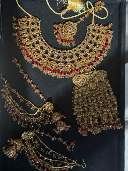 MEHMAL - Heavy Bridal set | includes: Necklace with jhumar, jhumke and Tikka | Red Bridal set