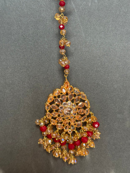 MEHMAL - Heavy Bridal set | includes: Necklace with jhumar, jhumke and Tikka | Red Bridal set