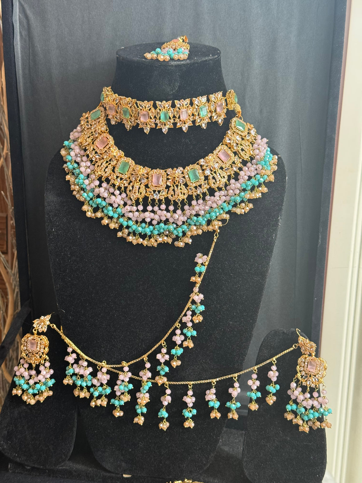 NIDA - Heavy bridal set | includes: necklace, choker, jhumar, earrings, tikka and a hand piece (light pink light blue)