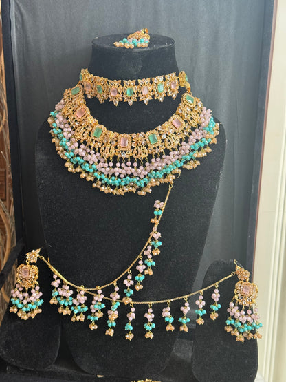NIDA - Heavy bridal set | includes: necklace, choker, jhumar, earrings, tikka and a hand piece (light pink light blue)
