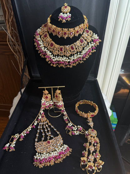 NIDA - Heavy bridal set | includes: necklace, choker, jhumar, earrings, tikka and a hand piece (HOT PINK)