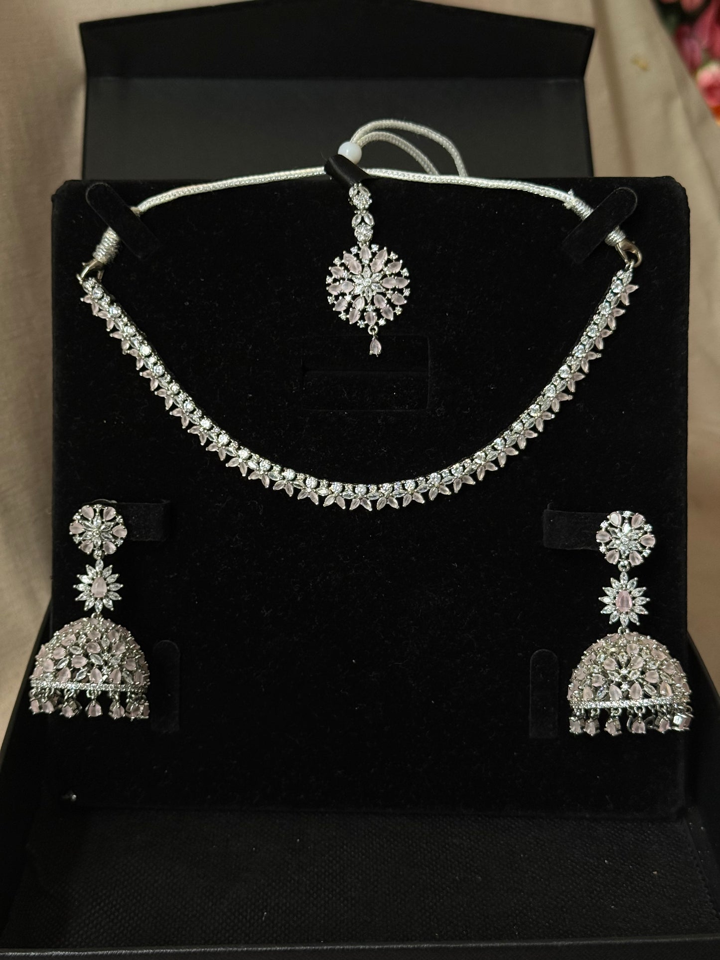 Baby pink AD necklace set with jhumke and tikka