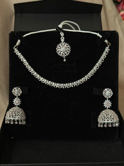 Baby pink AD necklace set with jhumke and tikka